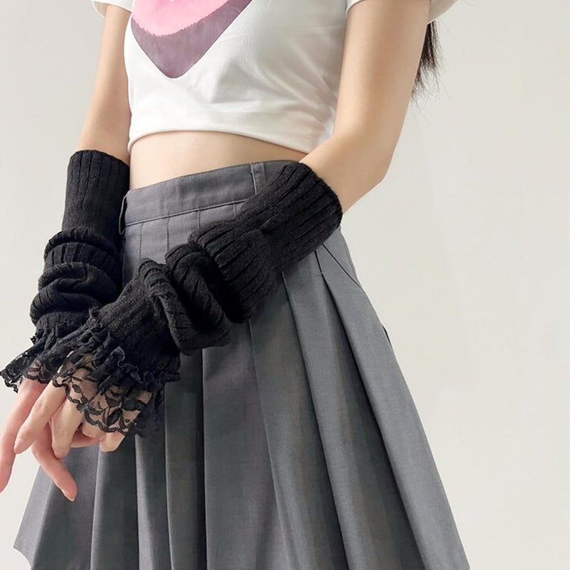 DUNKOING Cute Y2K Arm Warmers Kawaii Knitted Wrist Warmers Long Japanese Harajuku Goth Fingerless Sleeve for Women Girls - Image 5